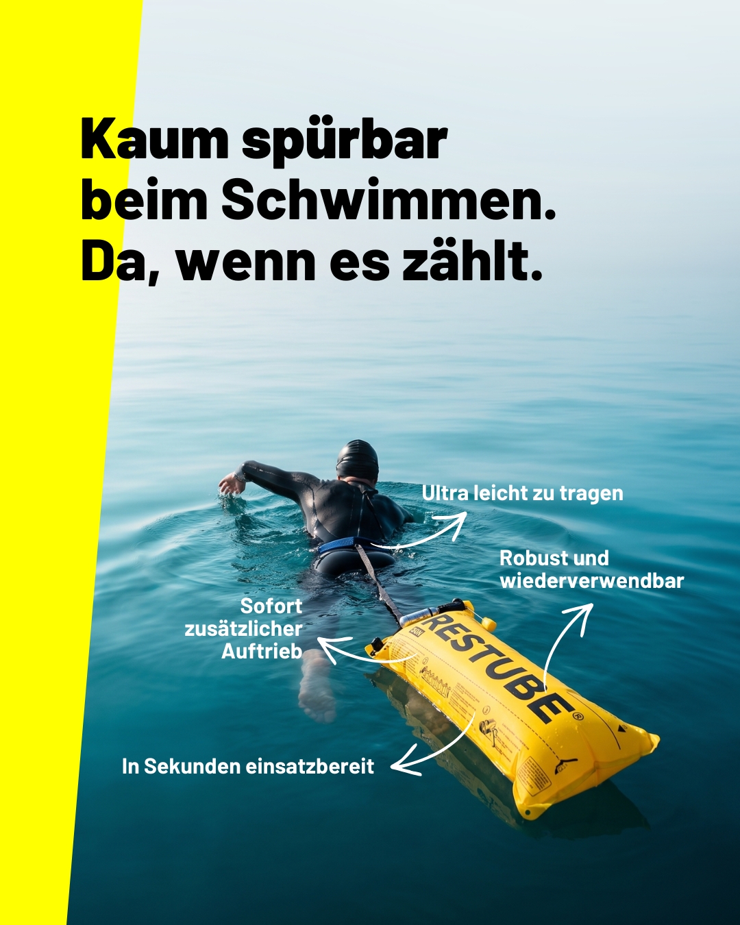 Restube Anzeige mit KI generierter Schwimmszene und Produktvorteilen