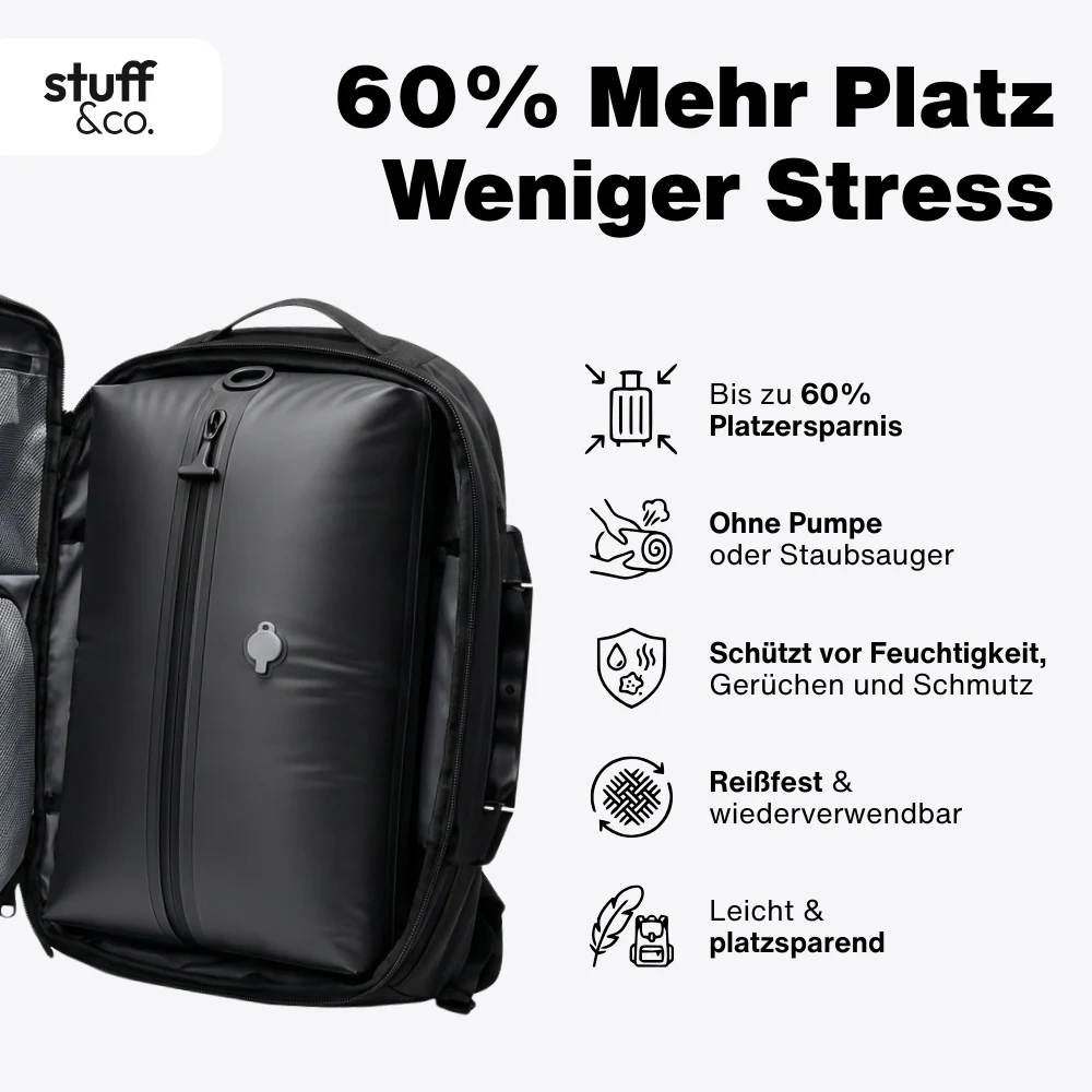 Anzeige zum Platzgewinn mit dem stuff und co Kompressionsbeutel